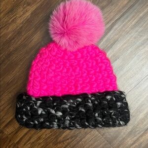 Mischa lampert handmade wool hot pink black pom beanie hat winter snow